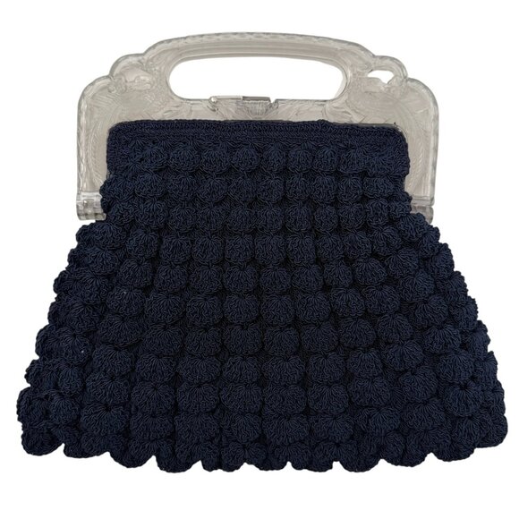 VINTAGE 30s Popcorn Crochet Navy Blue Peacock Handle Evening Bag - Picture 1 of 15